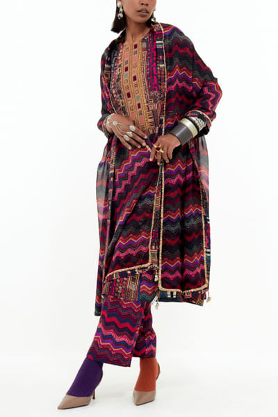 Multicolour chevron printed choga set