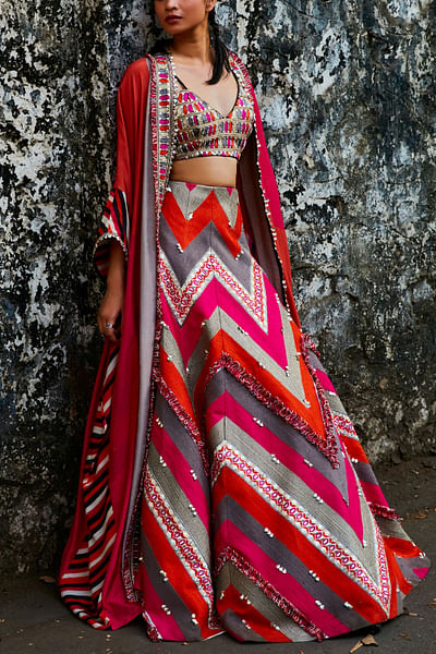 Multicolour chevron thread embroidered lehenga set