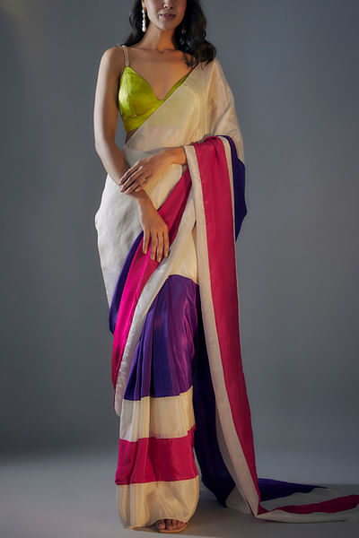 Multicolour colour block sari set