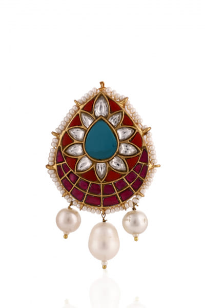 Multicolour drop shaped jadtar brooch