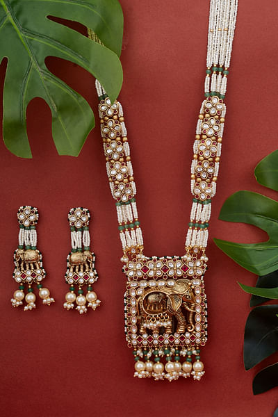 Multicolour elephant motif and pearl temple necklace set