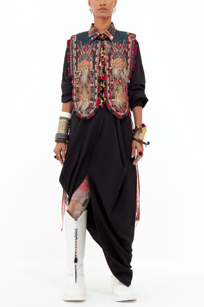 Multicolour embroidered gilet and skirt set