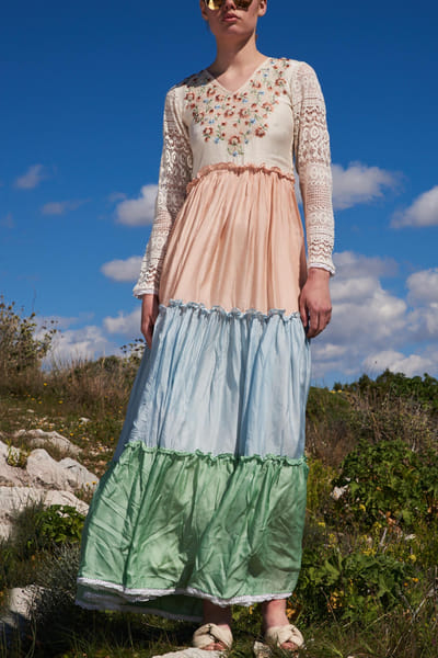 Multicolour embroidered tiered maxi