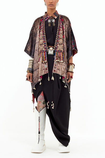 Multicolour embroidered velvet jacket set