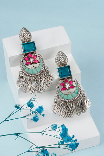 Multicolour floral and moon embellished earrings