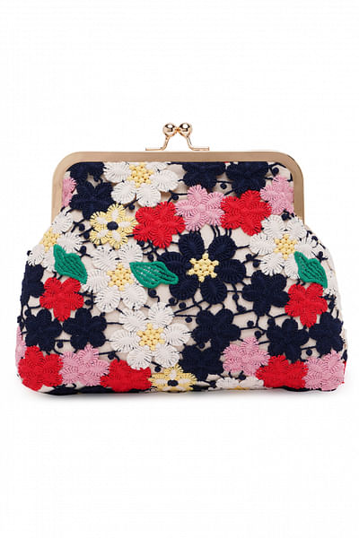 Multicolour floral embellished pouch clutch