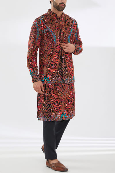 Multicolour floral embroidered bandi kurta set