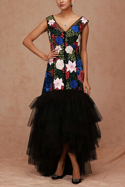 Multicolour floral embroidered tulle jacket gown