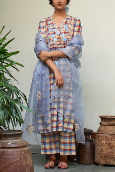 Multicolour floral embroidery check kurta set