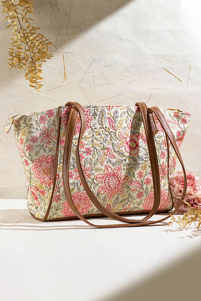 Multicolour floral embroidery tote bag