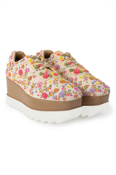 Multicolour floral embroidery wedge sneakers