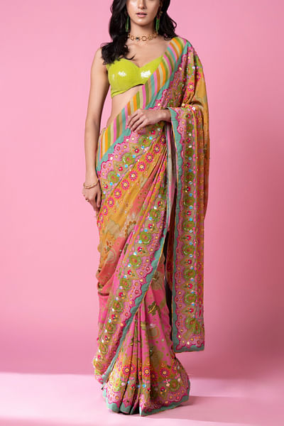 Multicolour floral print embellished sari set