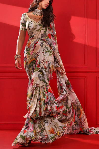 Multicolour floral print frilled saree set
