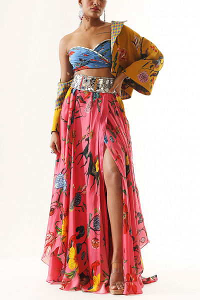 Multicolour floral print jacket skirt set