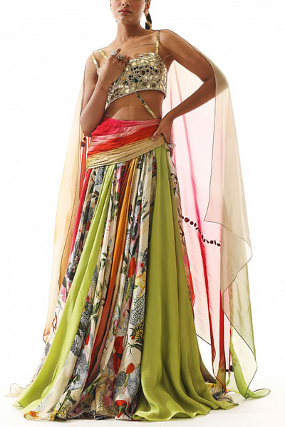Multicolour floral print layered lehenga set