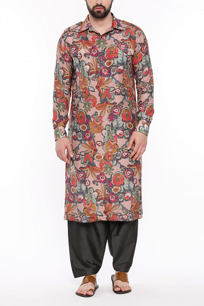 Multicolour floral print pathani set
