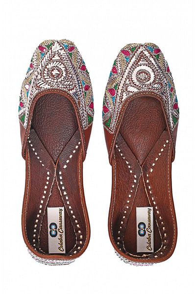 Multicolour hand embroidered leather juttis