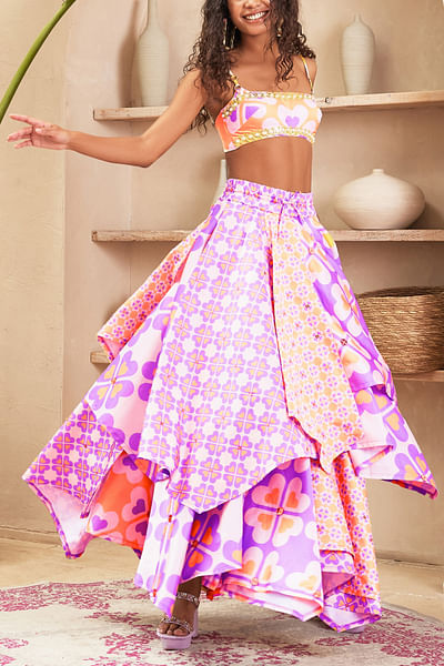 Multicolour heart print layered skirt set
