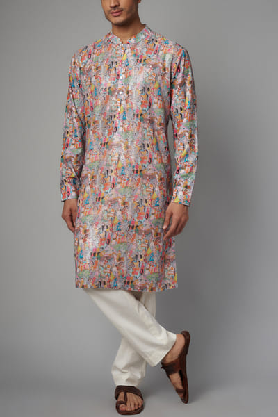 Multicolour human and horse print kurta set