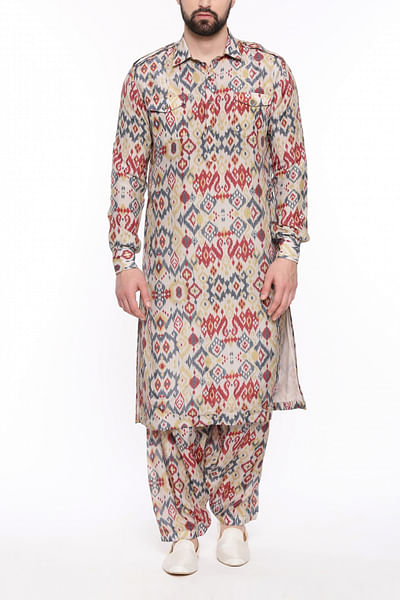 Multicolour ikkat print pathani set