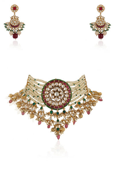 Multicolour jadtar stone and pearl choker set