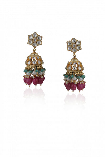 Multicolour jadtar stone and pearl embellished jhumkas