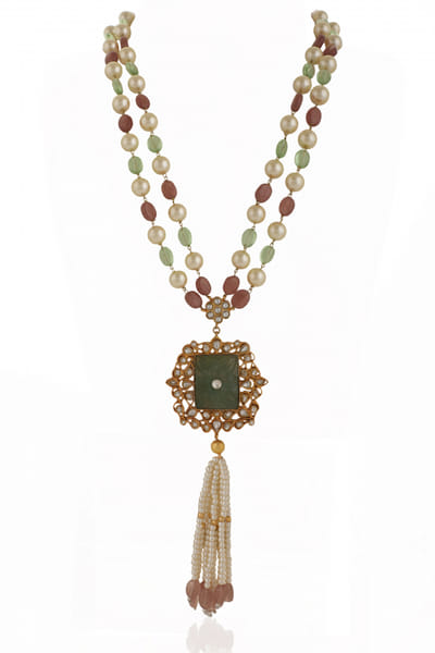Multicolour jadtar stone tasselled necklace