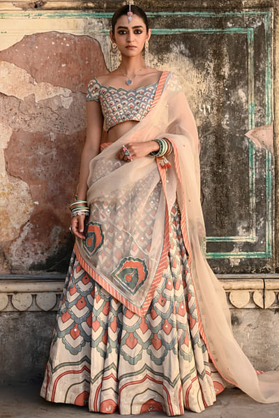 Multicolour Jaipur pagoda print lehenga set