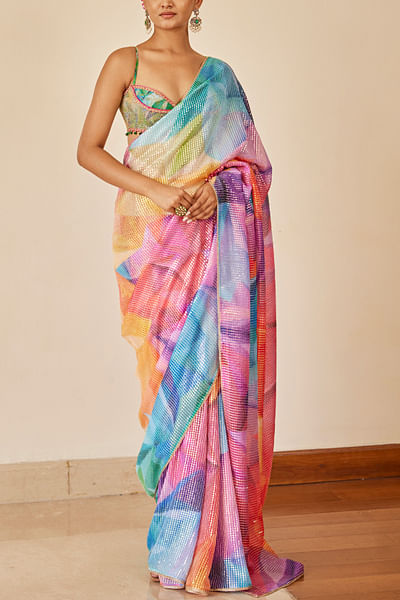 Multicolour kaleidoscope print sari set