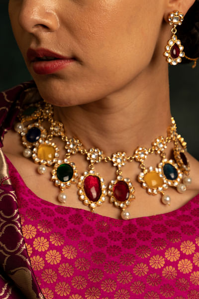 Multicolour kundan and gemstone necklace set