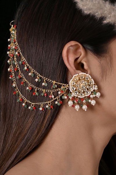 Multicolour kundan chain extension earrings