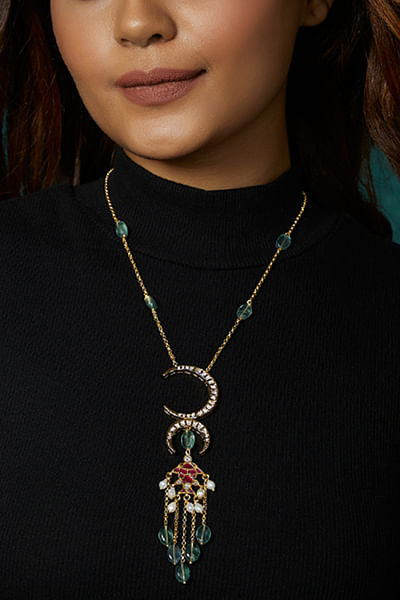 Multicolour kundan polki embellished chain necklace