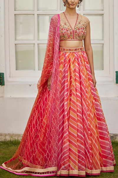 Multicolour leheriya print lehenga set