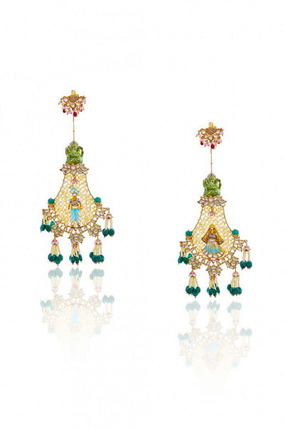 Multicolour meenakari and pearl earrings with extensions