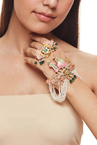 Multicolour meenakari bride and groom cuff bracelet and ring