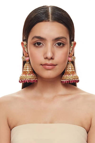 Multicolour meenakari pearl jhumkas with ear chain