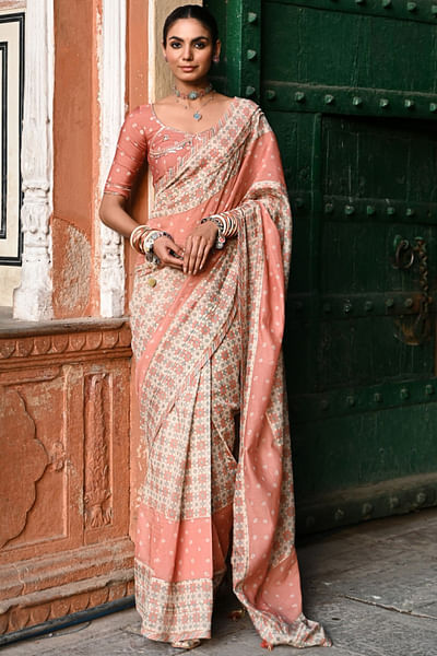 Multicolour Mughal tile print sari set