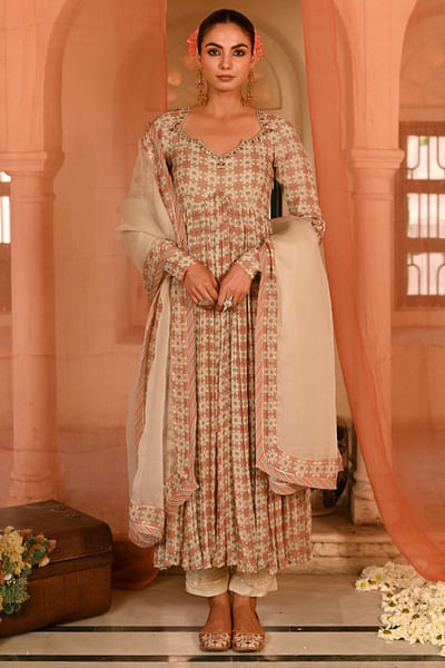 Multicolour Mughal tile printed anarkali set