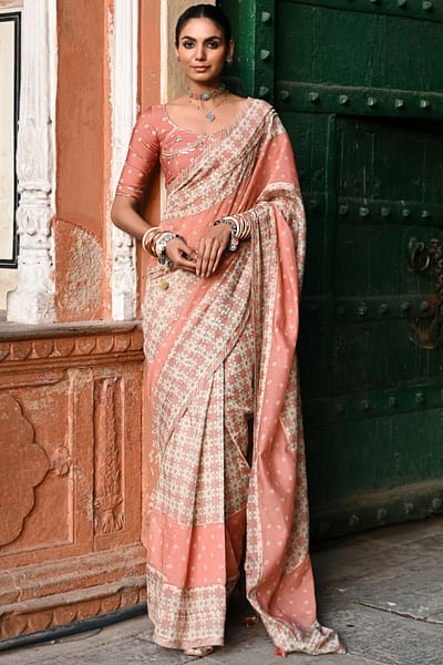 Multicolour Mughal tile printed sari set