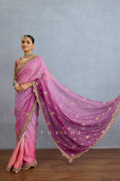 Multicolour ombre dabka embroidered sari set