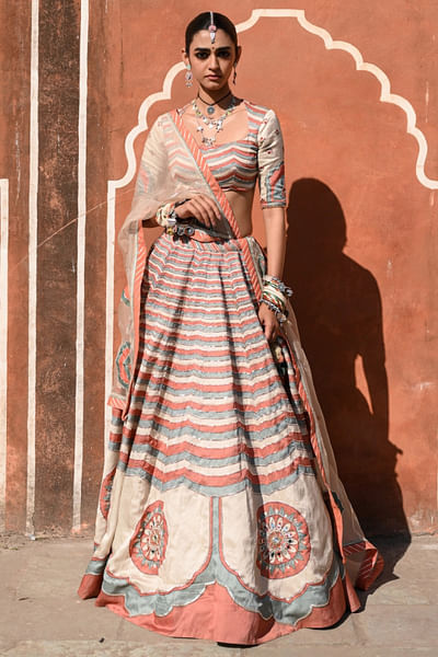 Multicolour pagoda chevron printed lehenga set