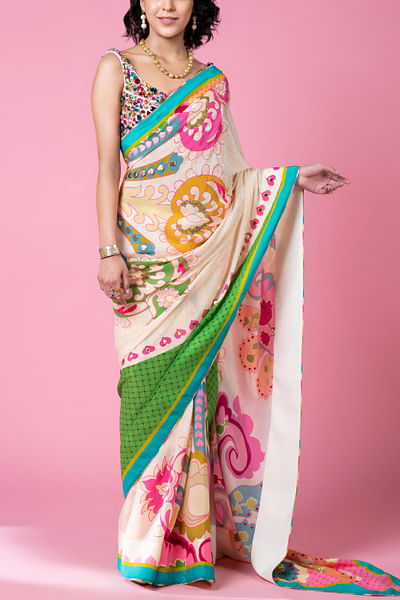 Multicolour paisley print sari set