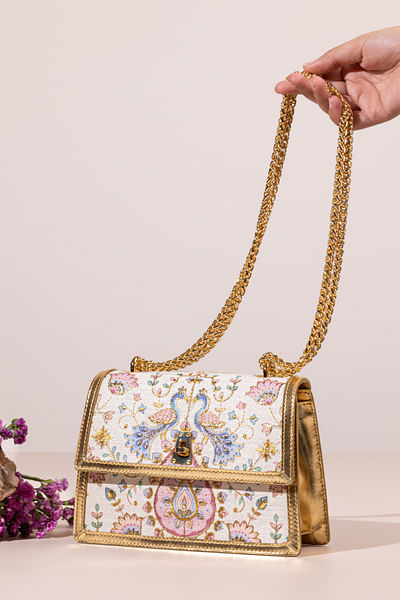 Multicolour peacock and floral embroidery bag