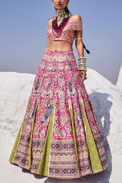 Multicolour peacock embroidered lehenga set