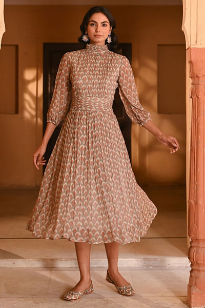 Multicolour peacock feather printed dress