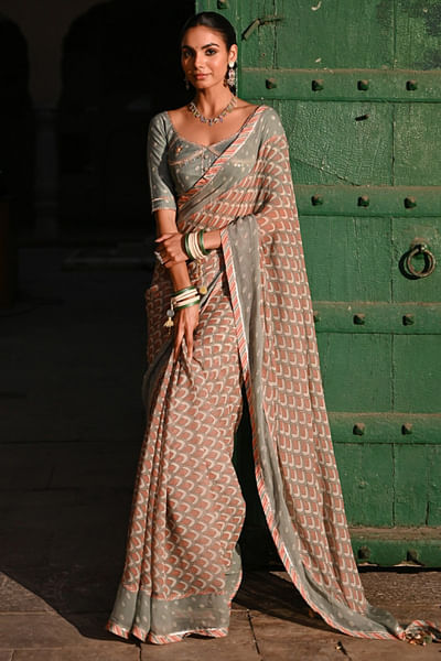 Multicolour peacock feather printed sari set