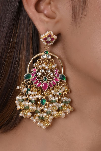 Multicolour peacock kundan and polki danglers