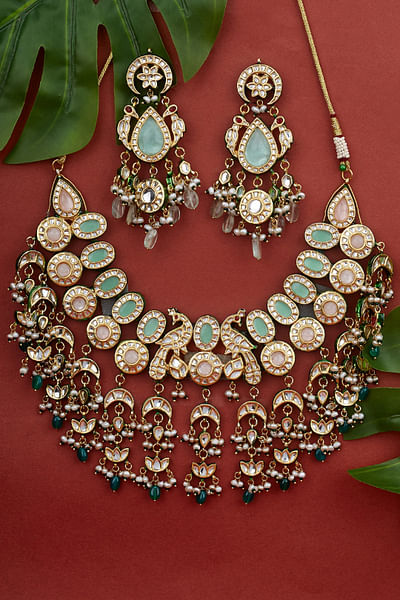 Multicolour peacock semi-precious stone necklace set