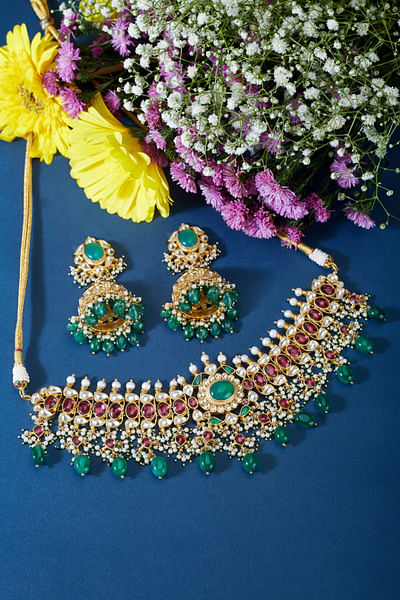Multicolour pearl and kundan choker set