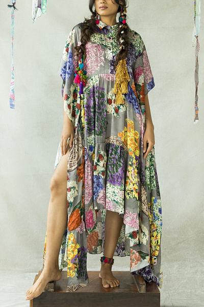 Multicolour printed asymmetric kaftan maxi dress